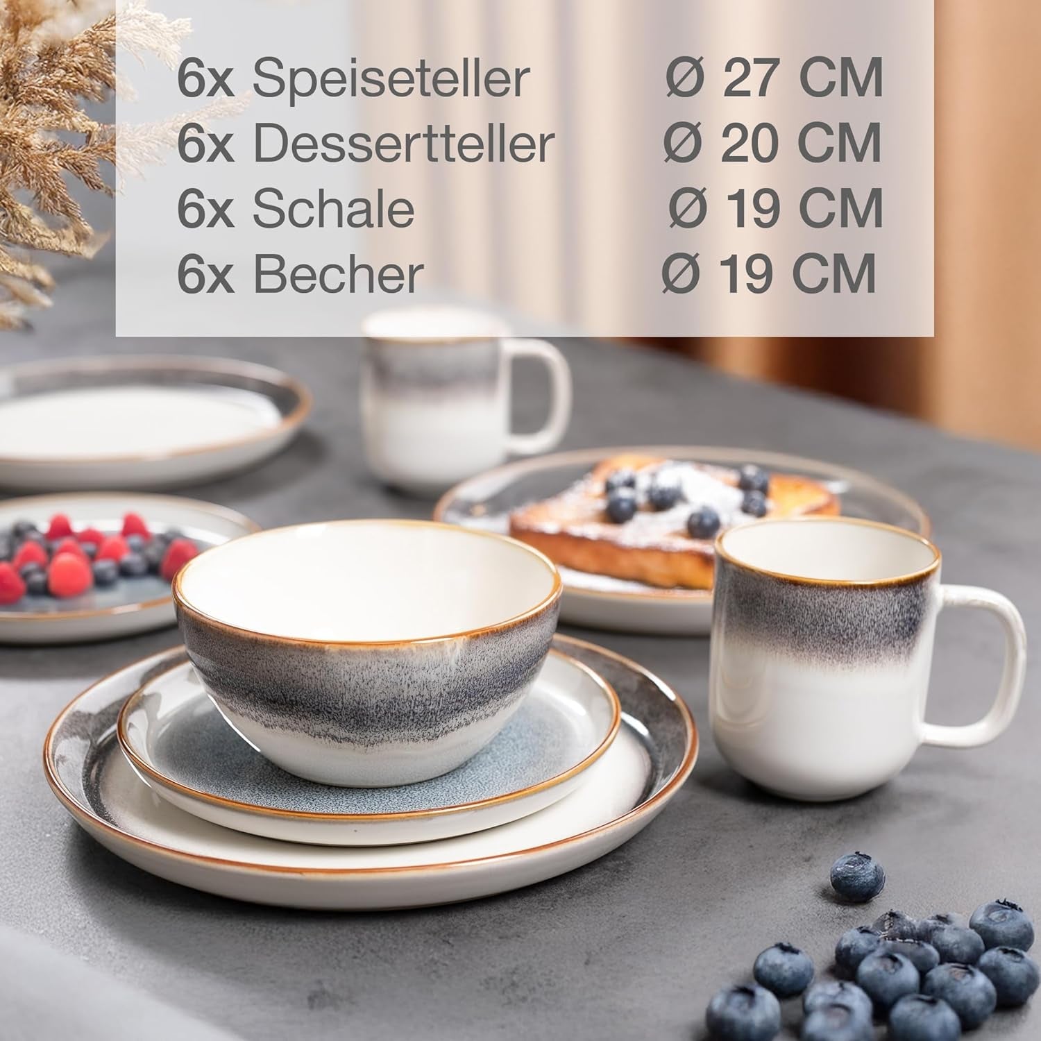 Moritz & Moritz TARENTO 24dílná sada nádobí pro 6, šedá - Elegantní vysoce kvalitní sada kameninových talířů - Sada nádobí obsahuje 6 talířů, 6 dezertních talířů, 6 talířů a 6 šálků