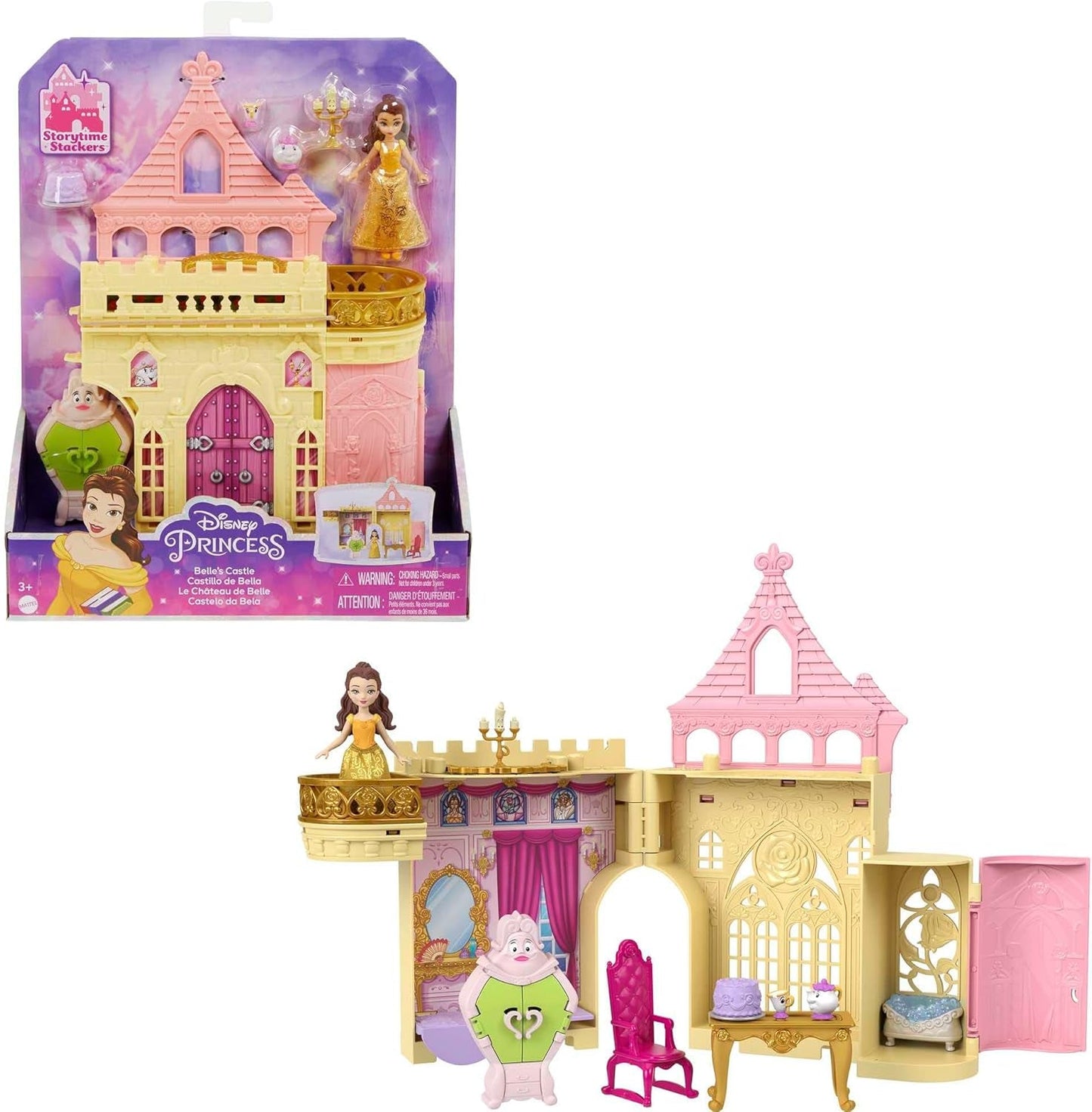 Mattel Disney Princezna Transformující herní sada Kočár do hradu s panenkou Aurora, 3 úrovně, 6 herních oblastí, 4 figurky, nábytek a doplňky Panenky HWX17 Naty Shop Belle Playset