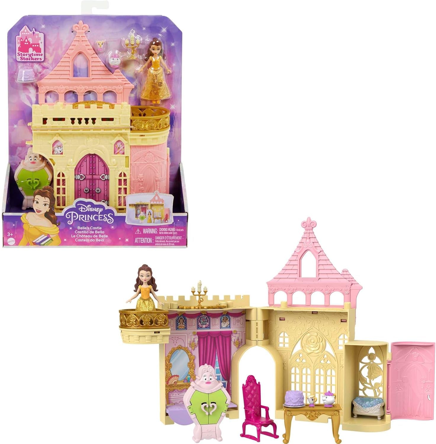 Mattel Disney Princezna Transformující herní sada Kočár do hradu s panenkou Aurora, 3 úrovně, 6 herních oblastí, 4 figurky, nábytek a doplňky Panenky HWX17 Naty Shop Belle Playset