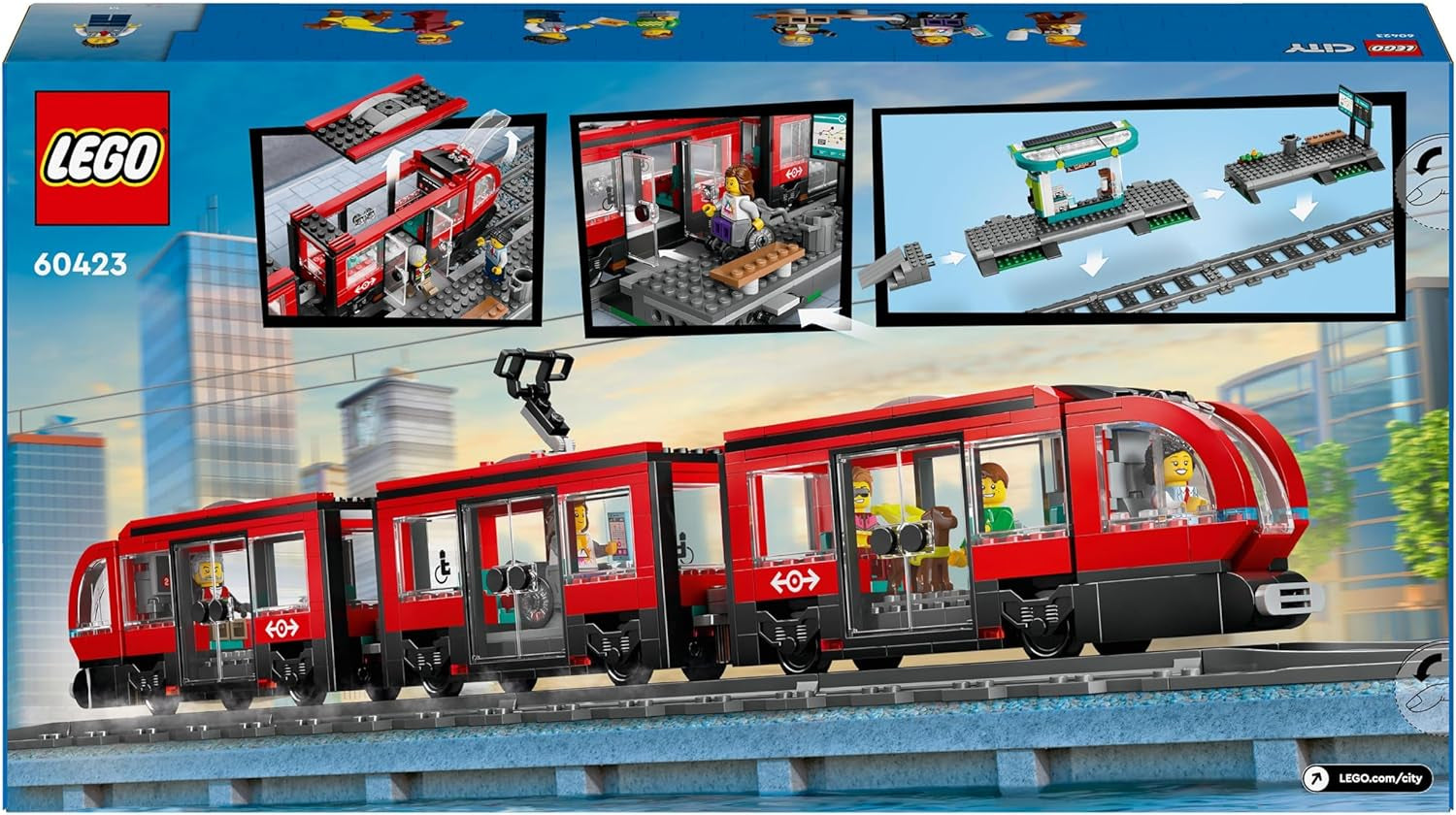 LEGO City tramvaj se stanicí, nápad na dárek pro fanoušky autíček od 7 let, se 6 minifigurkami a vodicím psem pro hraní rolí, stavebnice 60423 Stavebnice Besuche den LEGO-Store