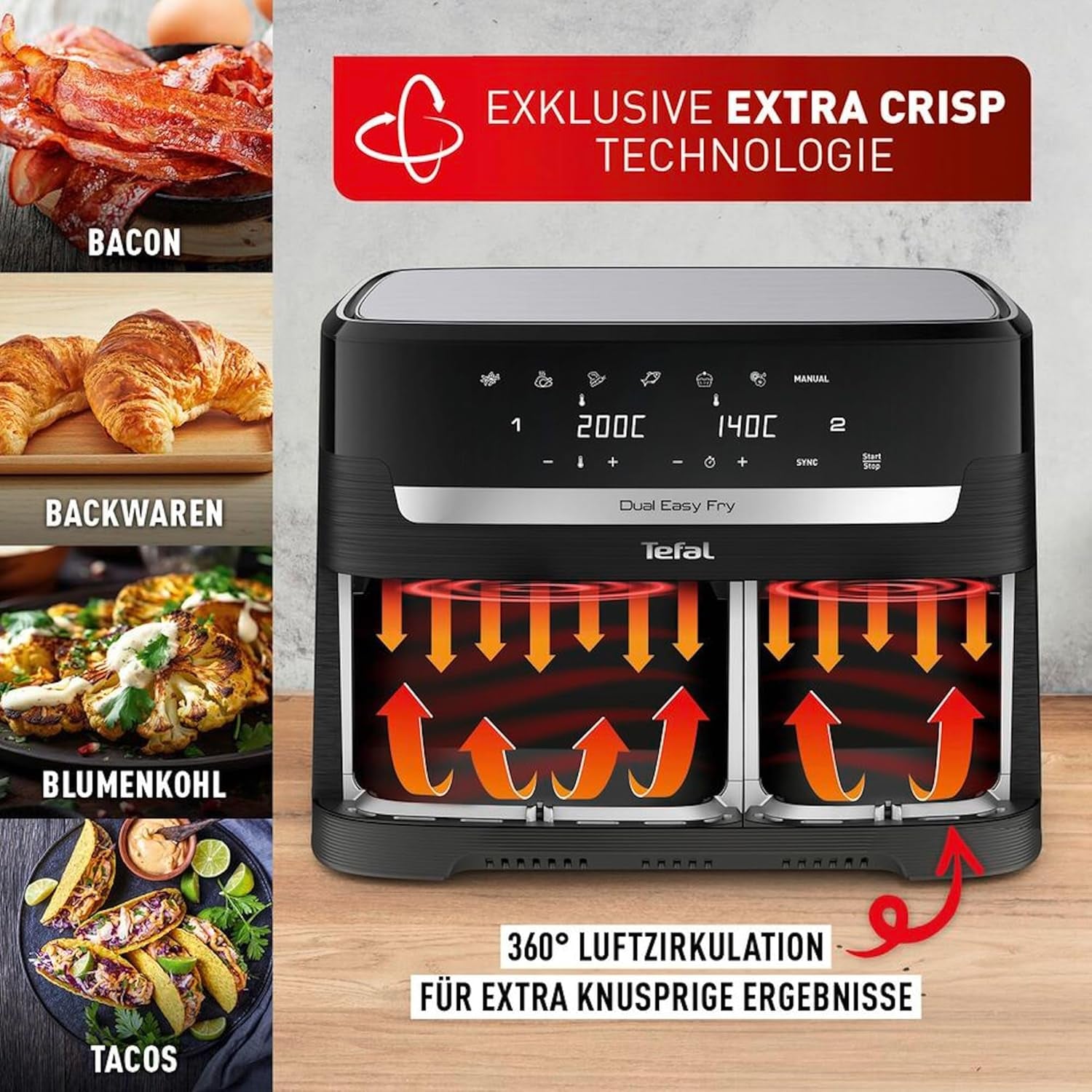 Horkovzdušná fritéza Tefal Dual Easy Fry se dvěma komorami, objem 5,2/3,1 litru, dvě nezávislé zásuvky, 7 programů Domácí spotřebiče Naty Shop
