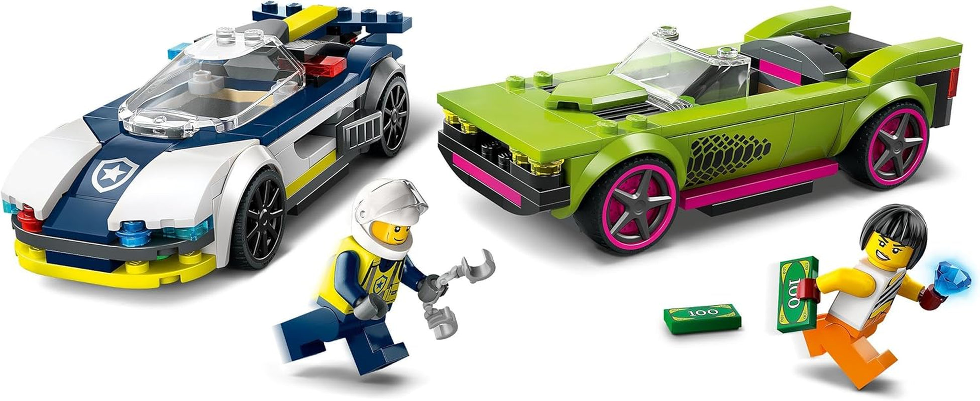 LEGO City Car Chase s policejním autem a svalovcem, vláček se 2 závodními auty, policejní dárek pro děti, chlapce a dívky od 6 let, sada s policistou a minifigurkami Ganovin 60415 Stavebnice Besuche den LEGO-Store
