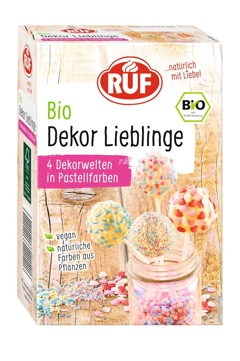 RUF Organic Dekor Lieblinge, 4 druhy barevných ozdob na pečení s posypem, cukrovými perličkami a cukrovými srdíčky, bez umělých barviv, veganské, 140 gramů Naty Shop