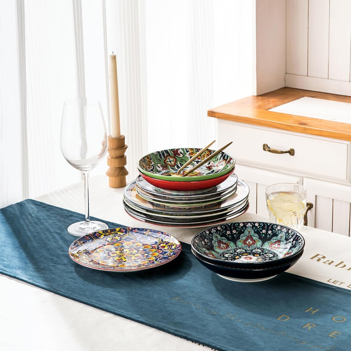 Porcelánová sada nádobí HENXFEN LEAD, 12dílná sada nádobí pro 4, sada barevného nádobí pro 4 – ručně malované talíře, dezertní talíře, polévkové talíře – bohémský styl