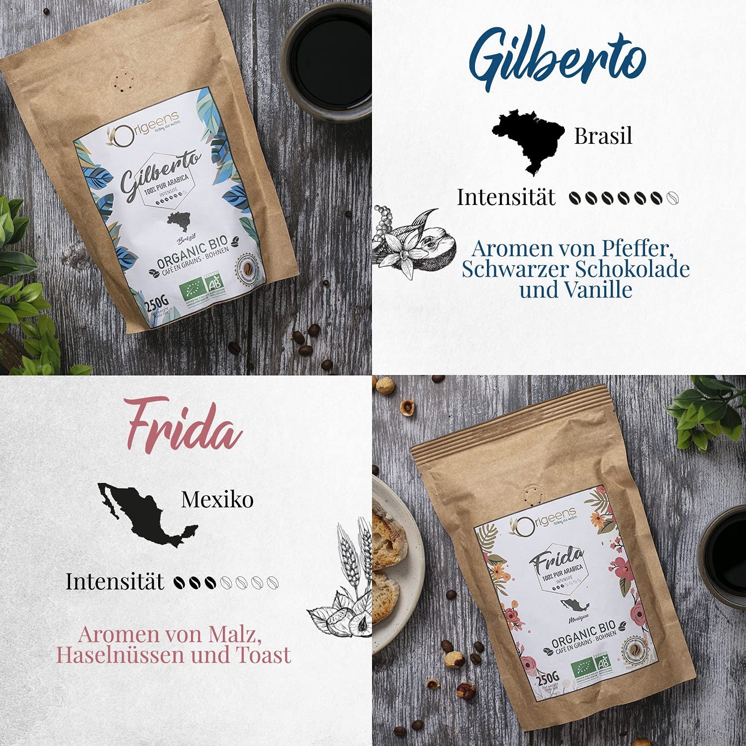 ORIGEENS Bio Kaffeebohnen Probierset 1kg | Premium Bio Arabica Kaffee Ganze Bohnen Set 4x250g | Tradiční Röstung | Kaffee Geschenkset