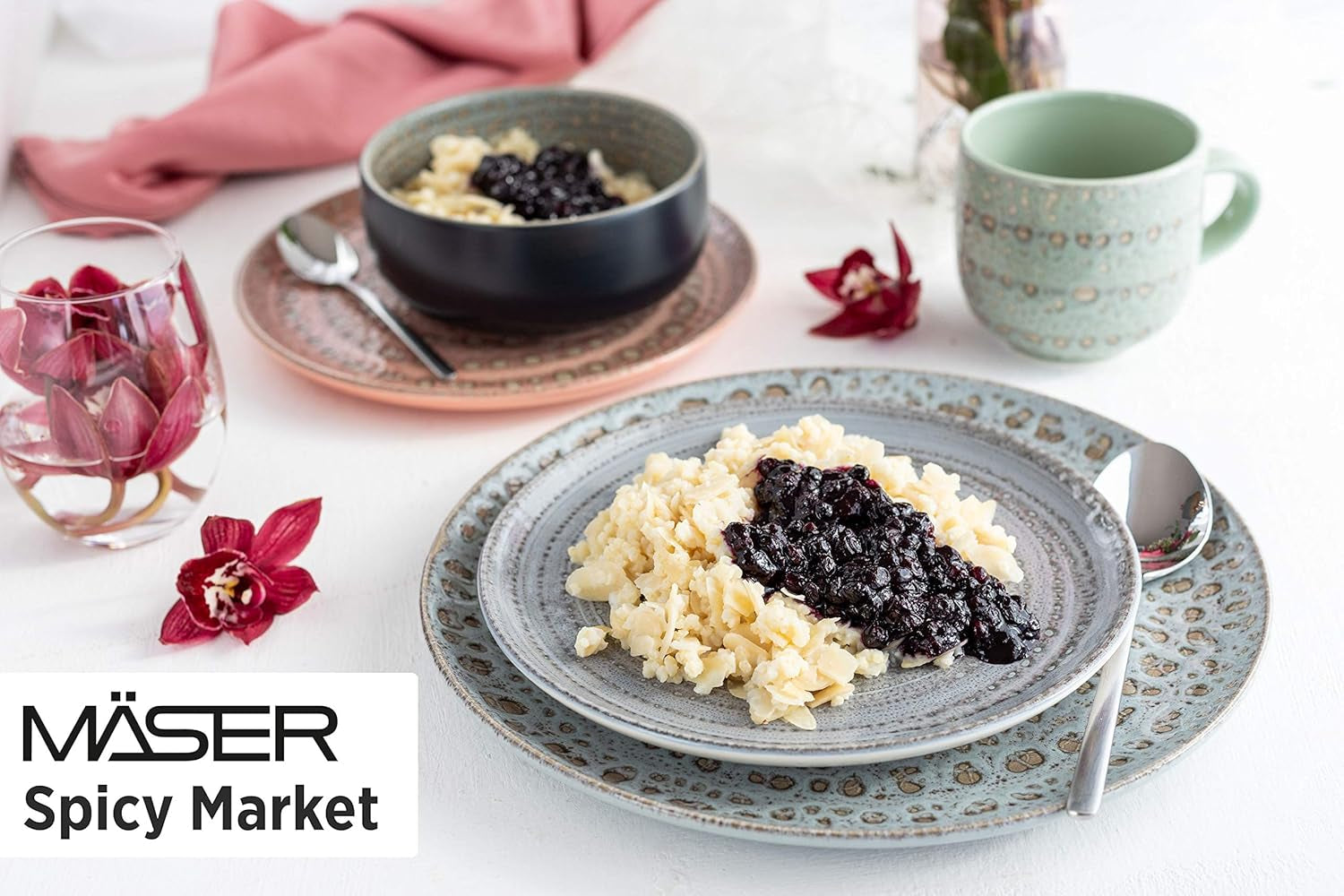 MÄSER 931744 Pikantní market Series, ručně malovaná sada nádobí pro 4 osoby ve vintage středomořském designu, 16dílná keramická kombinovaná sada, zelená, kamenina