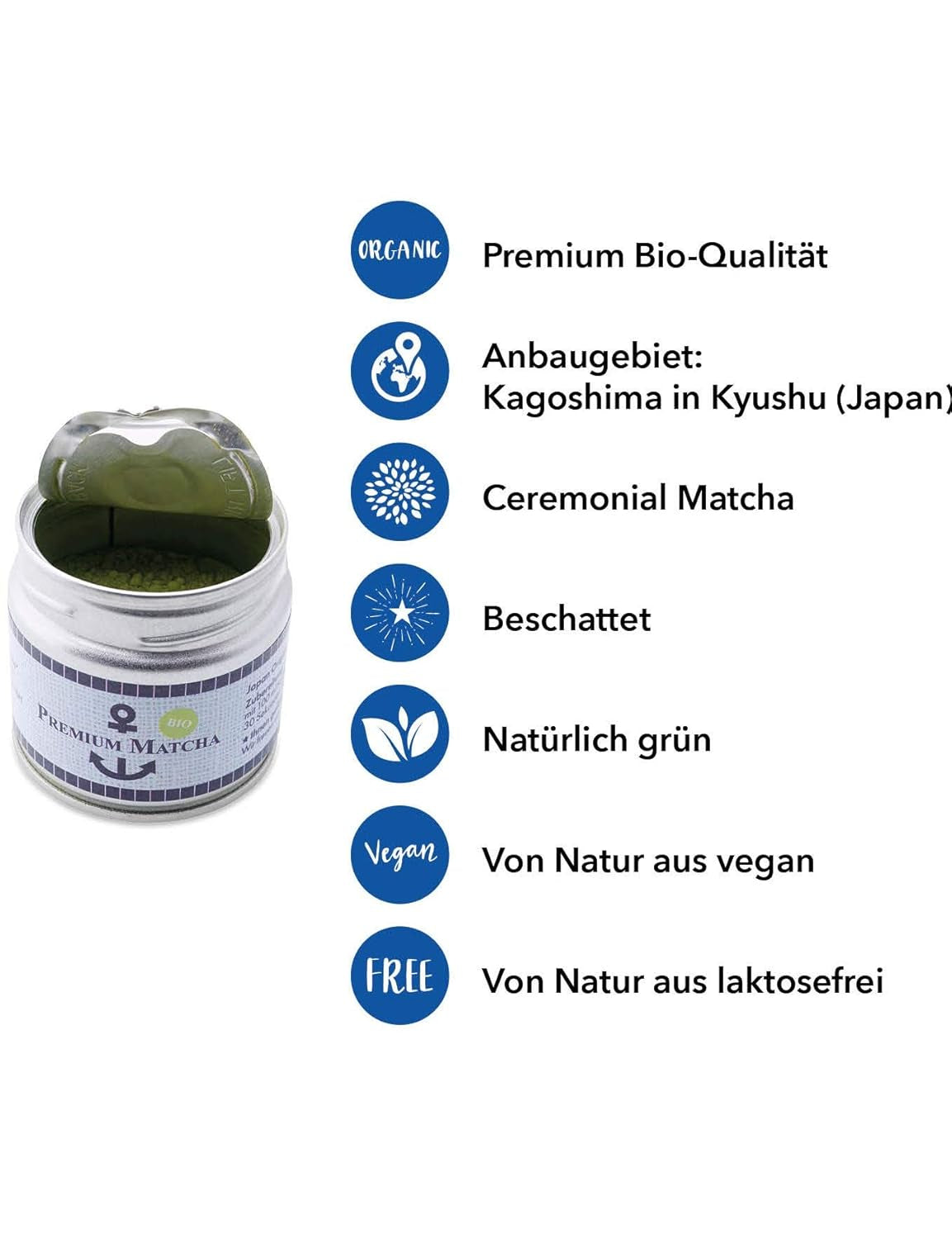 Prémiová organická Matcha z Japonska, Ceremonial Grade, Bez pesticidů, Extra jemný prášek v krabičce 30g, Intenzivní a delikátní příchuť zeleného čaje, Vhodné pro Latte, Smoothie, Ceremonial Grade