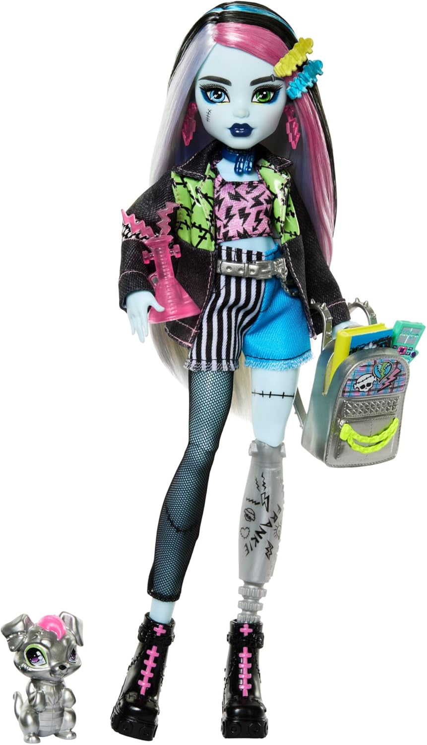 Panenka Monster High Frankie Stone v džínové bundě a šortkách, obsahuje psa Watzie a příslušenství, jako je batoh, svačina a notebook, HXH73 Naty Shop Dolls Watzie Dog