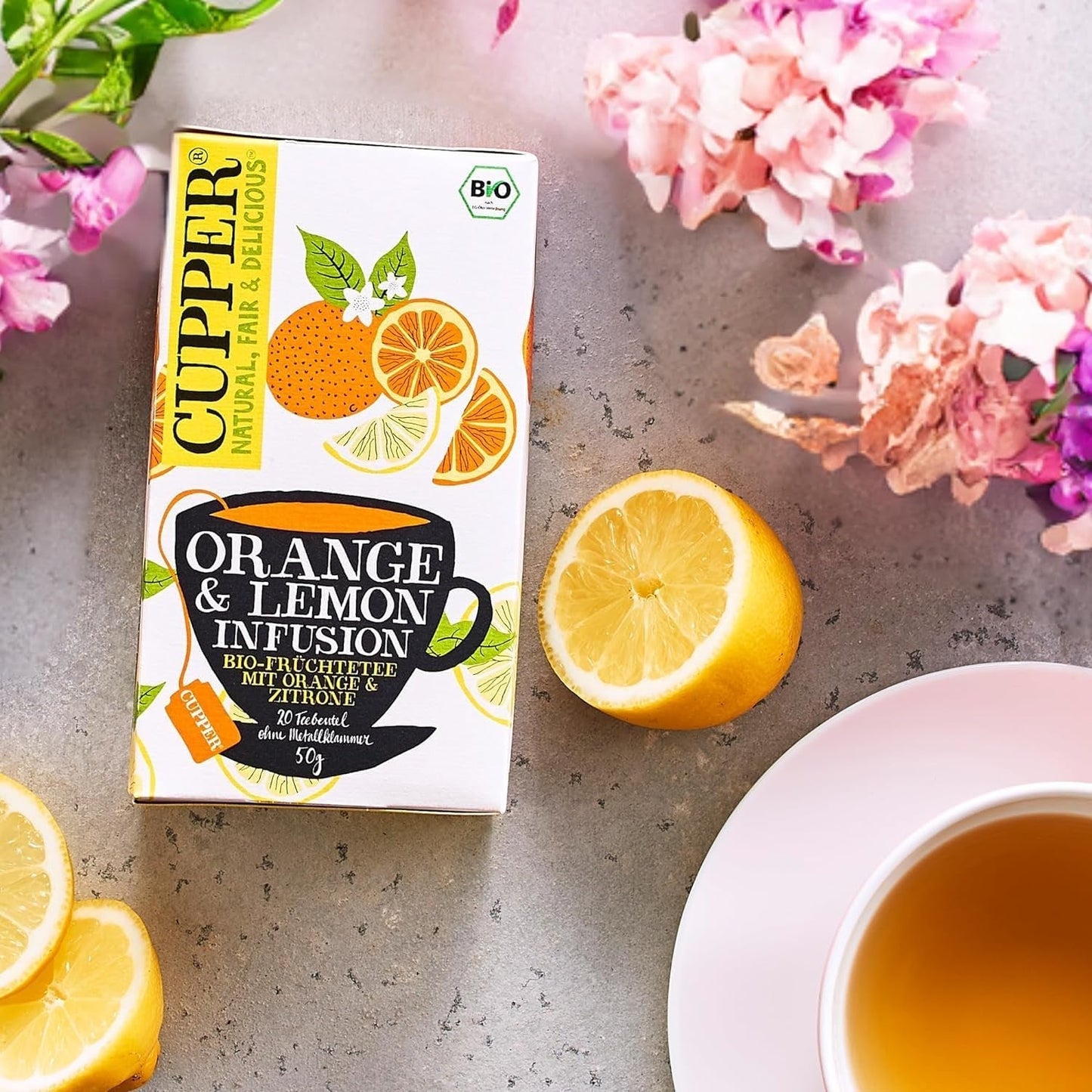 CUPPER Organický ovocný čaj "Pomerančový a citronový nálev", 20 nebělených čajových sáčků, organický, fair trade