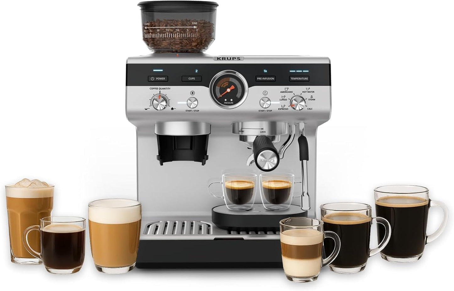 Krups Precision manuální espresso kávovar s portafiltrem a mlýnkem, baristický kávovar s intuitivním ovládacím panelem, nastavení předinfuze, espresso kávovar s parní tryskou, rychlý ohřev, XP801T10