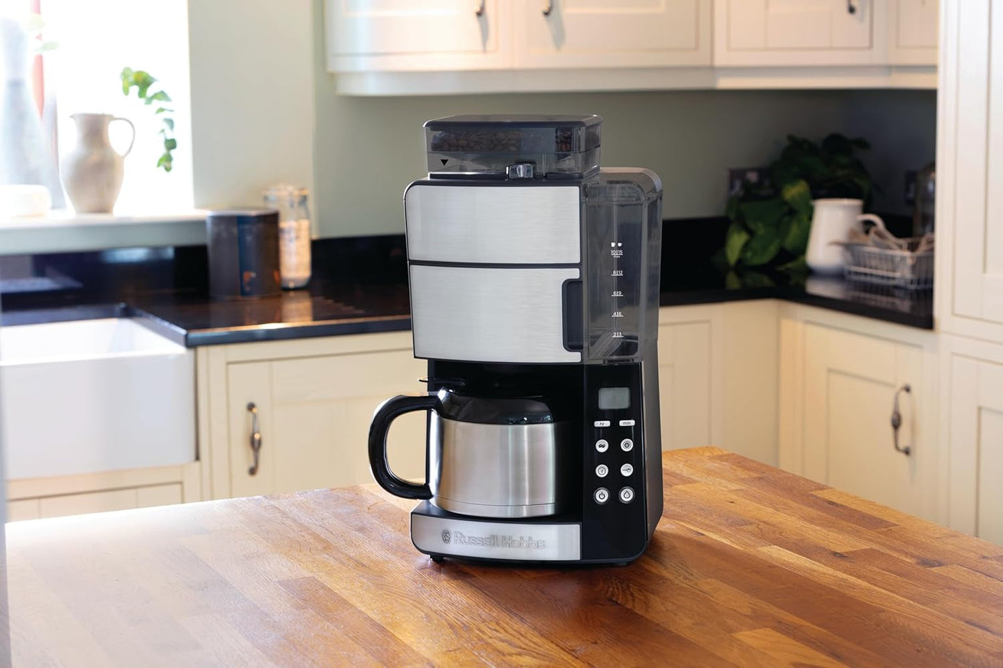 Kávovar Russell Hobbs s mlýnkem a termo karafou [Digitální časovač, sprchová hlavice pro optimální extrakci a aroma] Grind&Brew (1-10 šálků, 3 nastavení mletí) Filtrační kávovar 25620-56