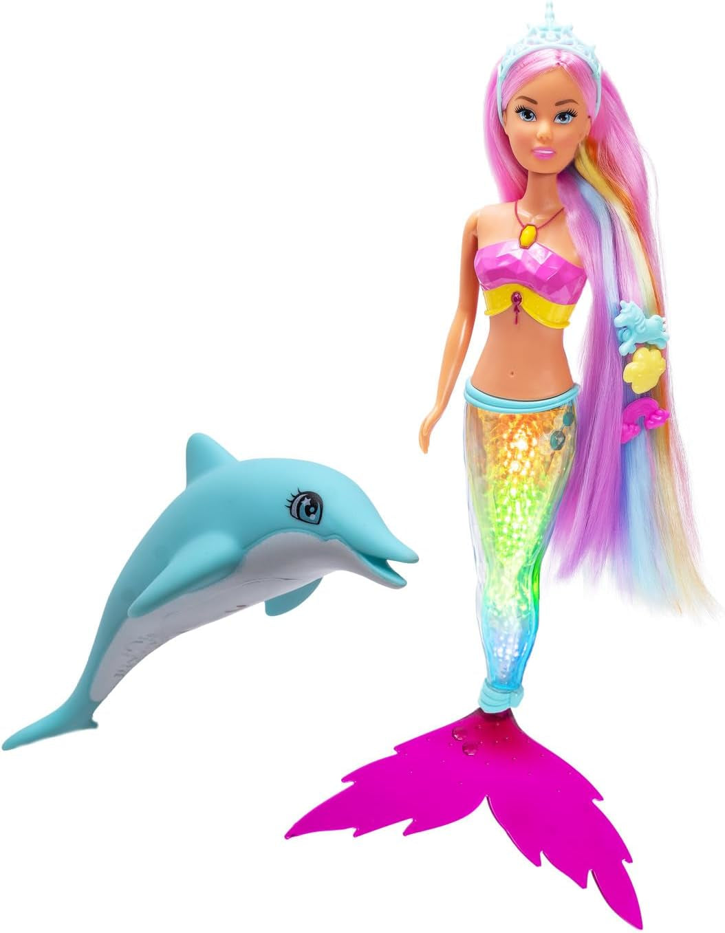Panenka Simba Steffi Love Mermaid Mermaid s funkcí duhového světla, extra dlouhé vlasy, postava delfína a spony do vlasů, výška 39 cm, funkce Try-Me, věk 3+