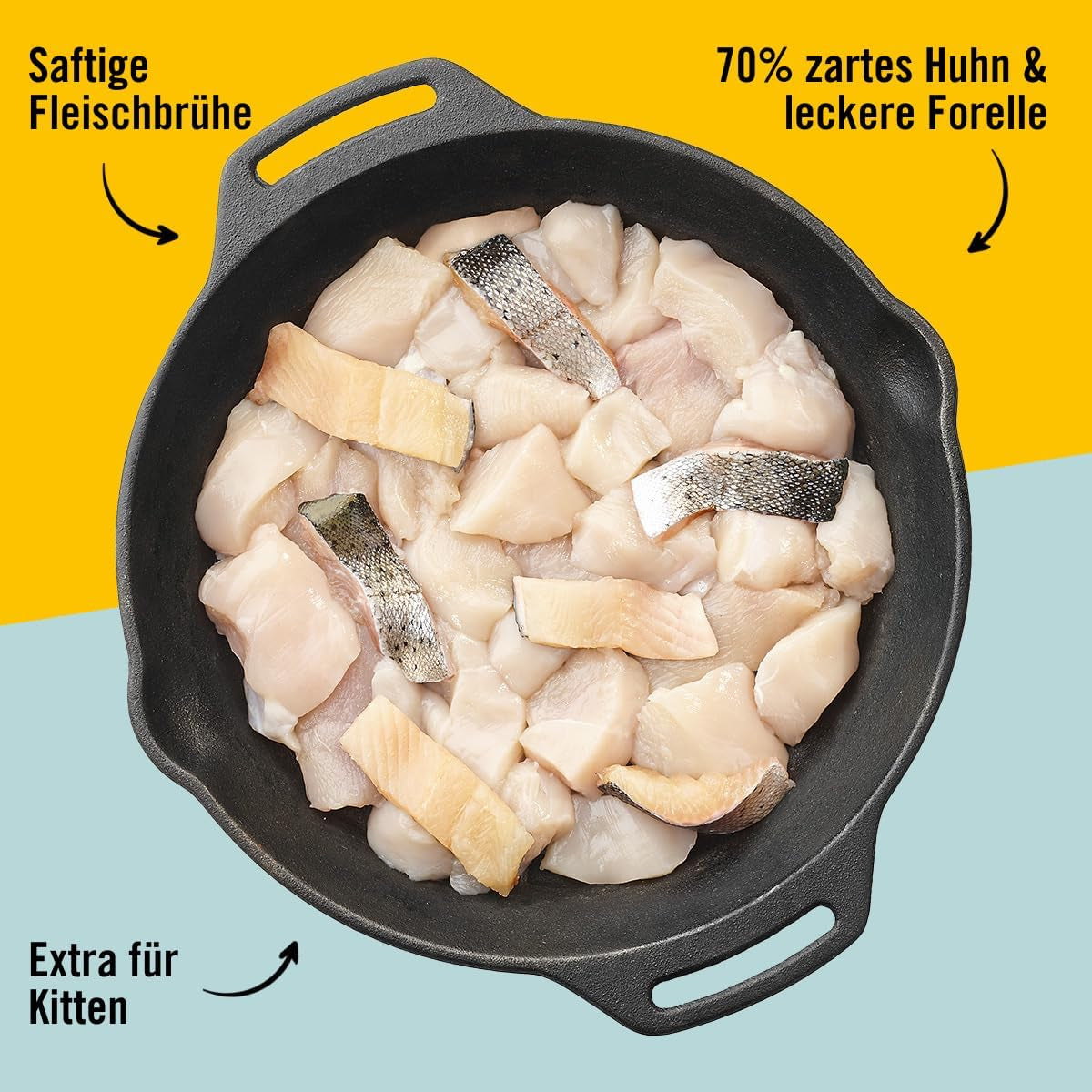 Dogs'n Tiger Schlemmermenü Glückskind, Nassfutter für Kätzchen, saftiges Hun und Forelle - ohne Getreide, Zuckerzusatz, künstliche Konservierungsstoffe, optimální Verträglichkeit, 12x 200g