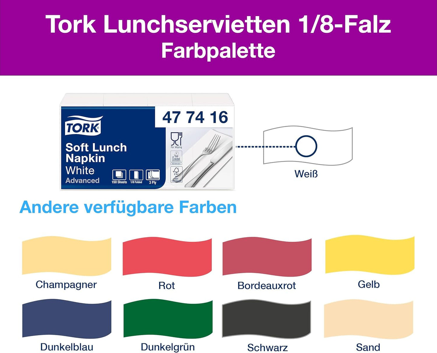 Tork Soft Lunch Ubrousek bílý, 1/8 složený, 3 vrstvy, 33 cm × 33 cm, 150 ubrousků, 477416