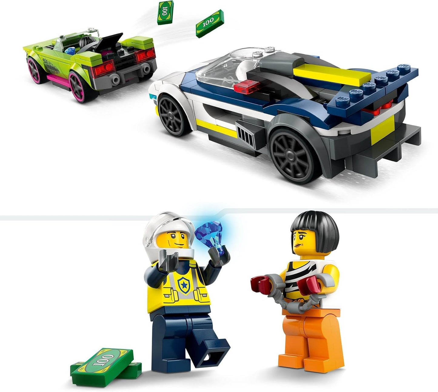 LEGO City Car Chase s policejním autem a svalovcem, vláček se 2 závodními auty, policejní dárek pro děti, chlapce a dívky od 6 let, sada s policistou a minifigurkami Ganovin 60415 Stavebnice Besuche den LEGO-Store