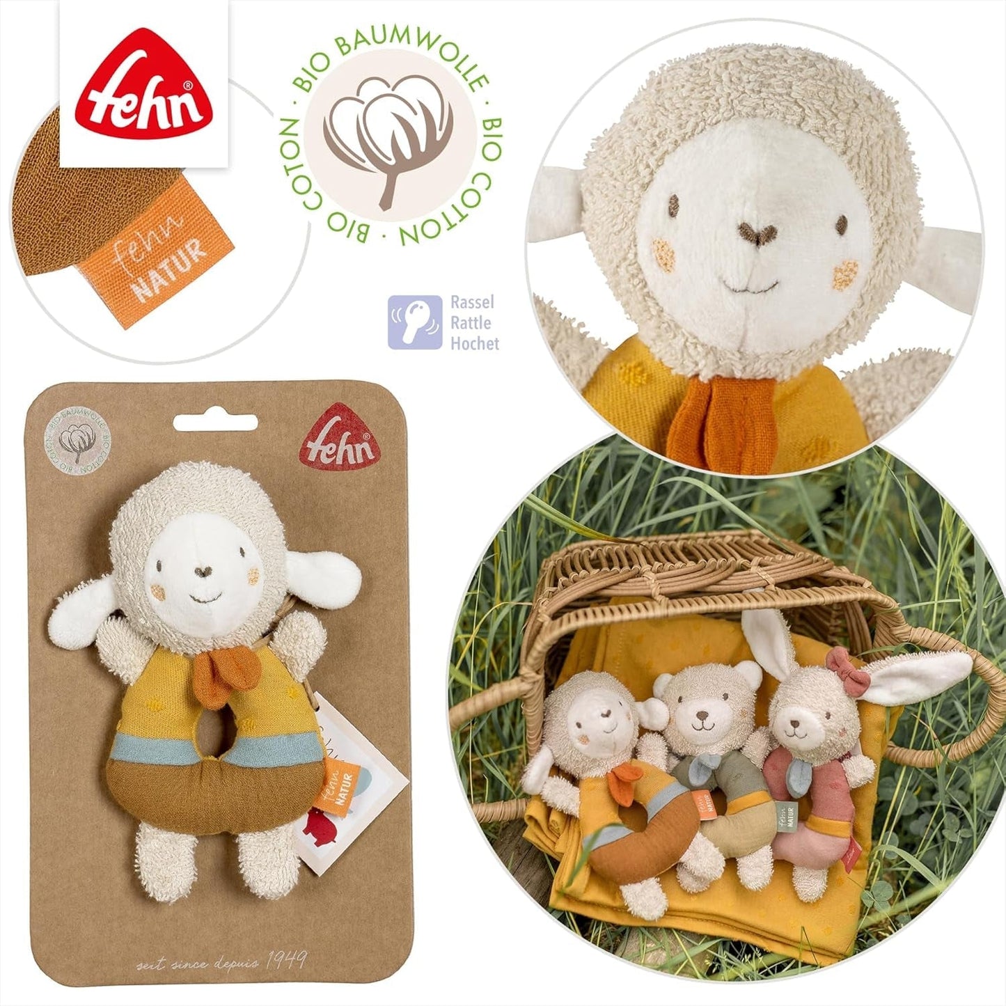 Fehn baby grip ring hračka ovečka fehnNATUR - plyšová hračka z bio bavlny - hračka pro miminko se zvonkem a hravá hračka na učení - hračka na uchopení pro miminka a batolata od 0+ měsíců Baby Toys Naty Shop