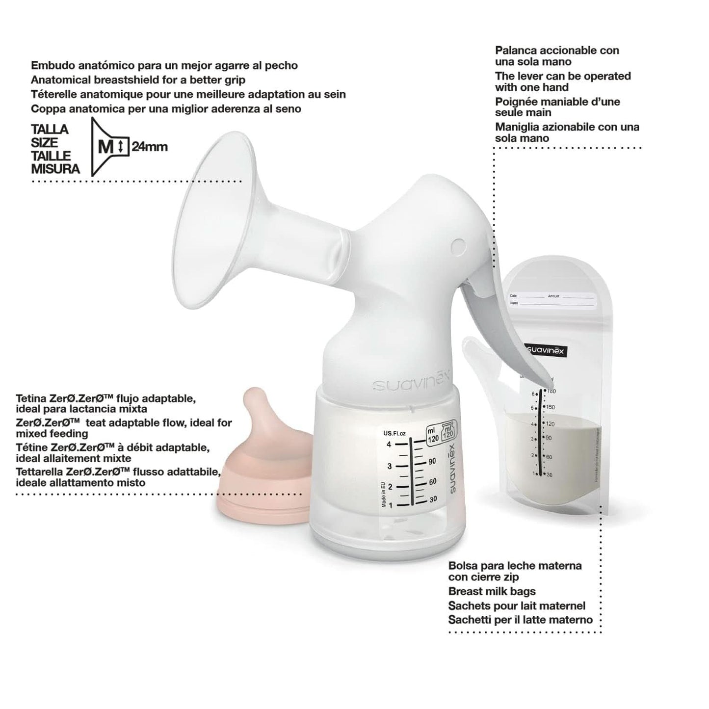Suavinex, Mateřská odsávačka mateřského mléka, 120 ml, s nastavitelným průtokem Potraviny a doplňky pro kojení Bebe Naty Shop