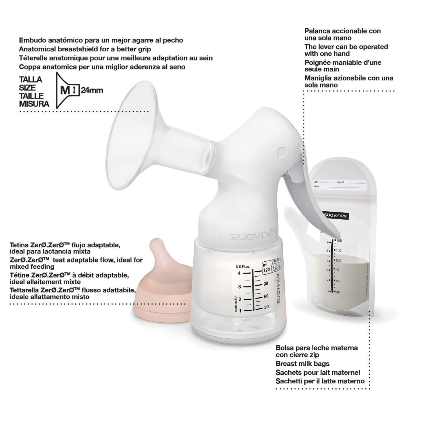 Suavinex, Mateřská odsávačka mateřského mléka, 120 ml, s nastavitelným průtokem Potraviny a doplňky pro kojení Bebe Naty Shop