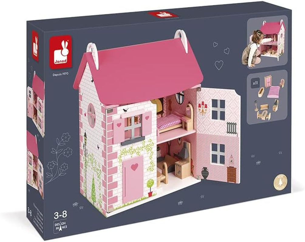 Janod - Dřevěný domeček pro panenky Mademoiselle, 3 patra a 11 doplňků, replika hračky, rozvíjí představivost, věk 3+, J06581, domečky pro panenky Pink Naty Shop