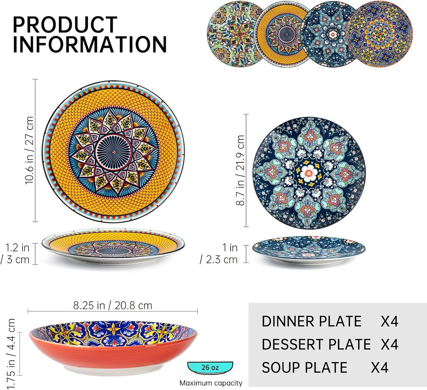 Porcelánová sada nádobí HENXFEN LEAD, 12dílná sada nádobí pro 4, sada barevného nádobí pro 4 – ručně malované talíře, dezertní talíře, polévkové talíře – bohémský styl