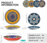 Porcelánová sada nádobí HENXFEN LEAD, 12dílná sada nádobí pro 4, sada barevného nádobí pro 4 – ručně malované talíře, dezertní talíře, polévkové talíře – bohémský styl