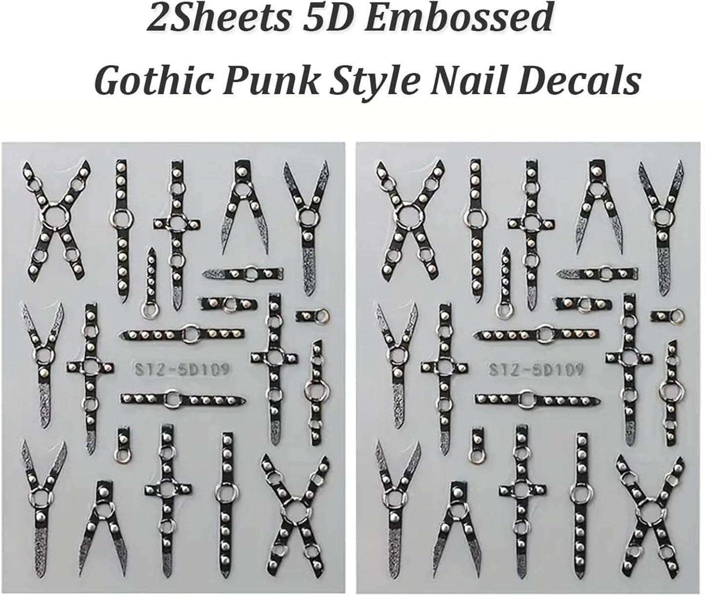2KS 5D embosovaný gotický punk Nálepka na nehty, Nálepka Nagel Selbstklebend Kreuz Und X-Form Halloween Nagelaufkleber, Nageldesign Zubehör Für Damen Nail Art