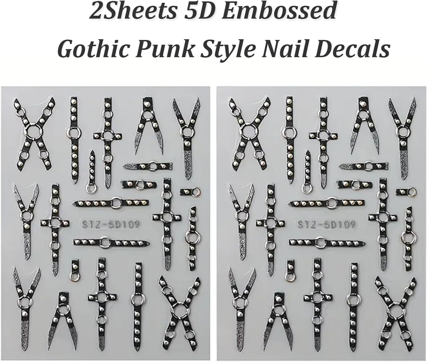 2KS 5D embosovaný gotický punk Nálepka na nehty, Nálepka Nagel Selbstklebend Kreuz Und X-Form Halloween Nagelaufkleber, Nageldesign Zubehör Für Damen Nail Art