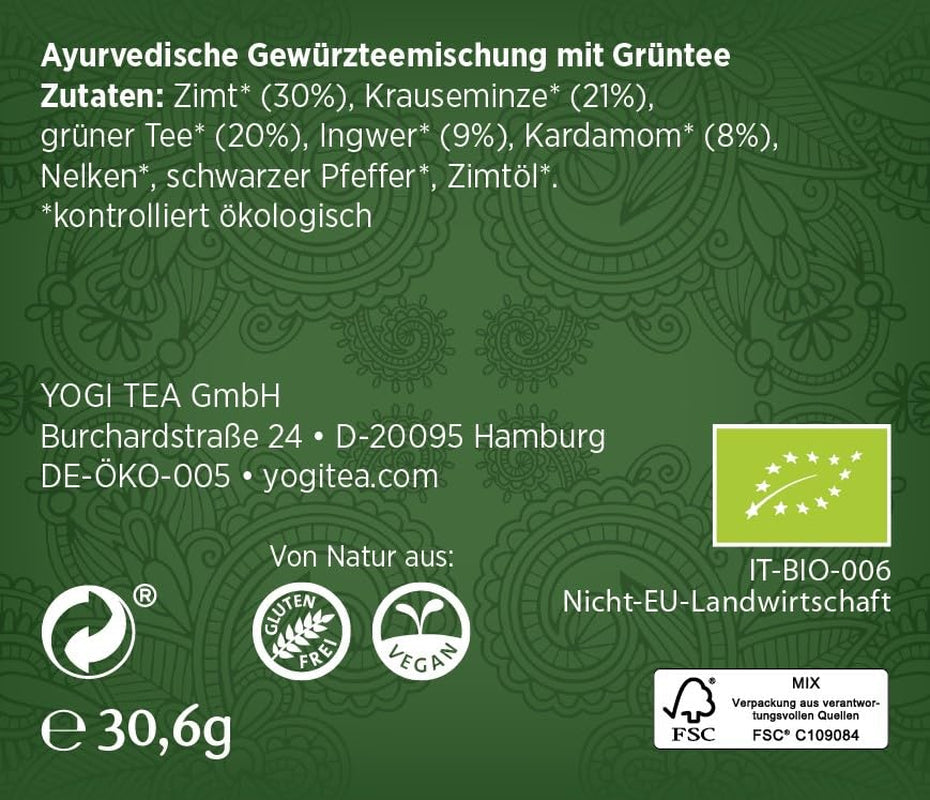 Yogi Tea Green Chai, Bio ajurvédský kořeněný čaj, směs skořice, máty, zeleného čaje, zázvoru, kardamomu a hřebíčku, 6x17 čajových sáčků (celkem 102 čajových sáčků)