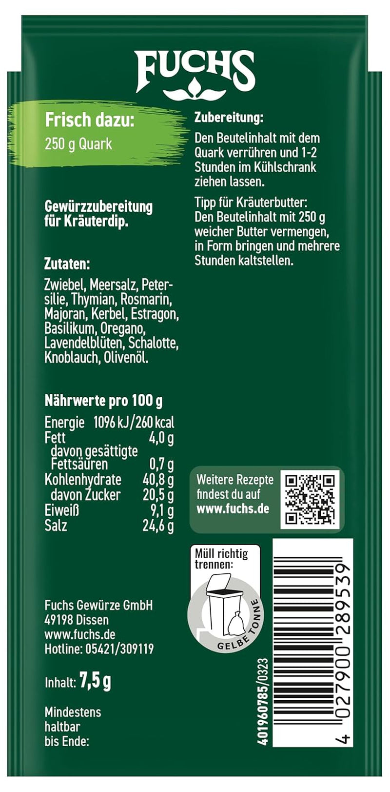 Fuchs Gewürze - Pojďme se máčet! Kräuter der Provence Gewürzzubereitung, Gewürz für Kräuterquarkdip, 7,5 g v sáčku