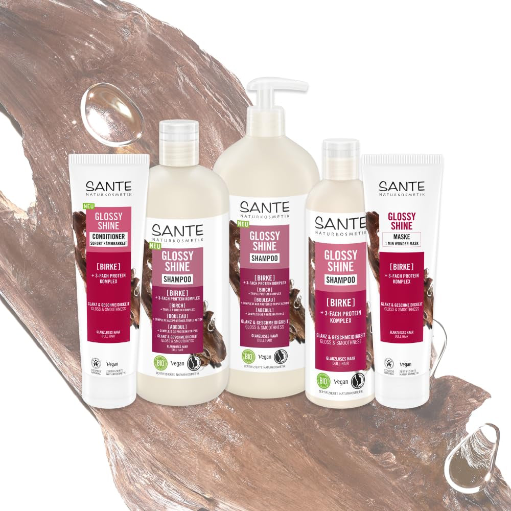 SANTE Naturkosmetik Glossy Shine Mask organický extrakt z březových listů + 3x proteinový komplex, bez silikonů a hydratační maska na vlasy, veganská vlasová péče pro větší lesk a poddajnost, 150 ml Naty Shop Hair Mask