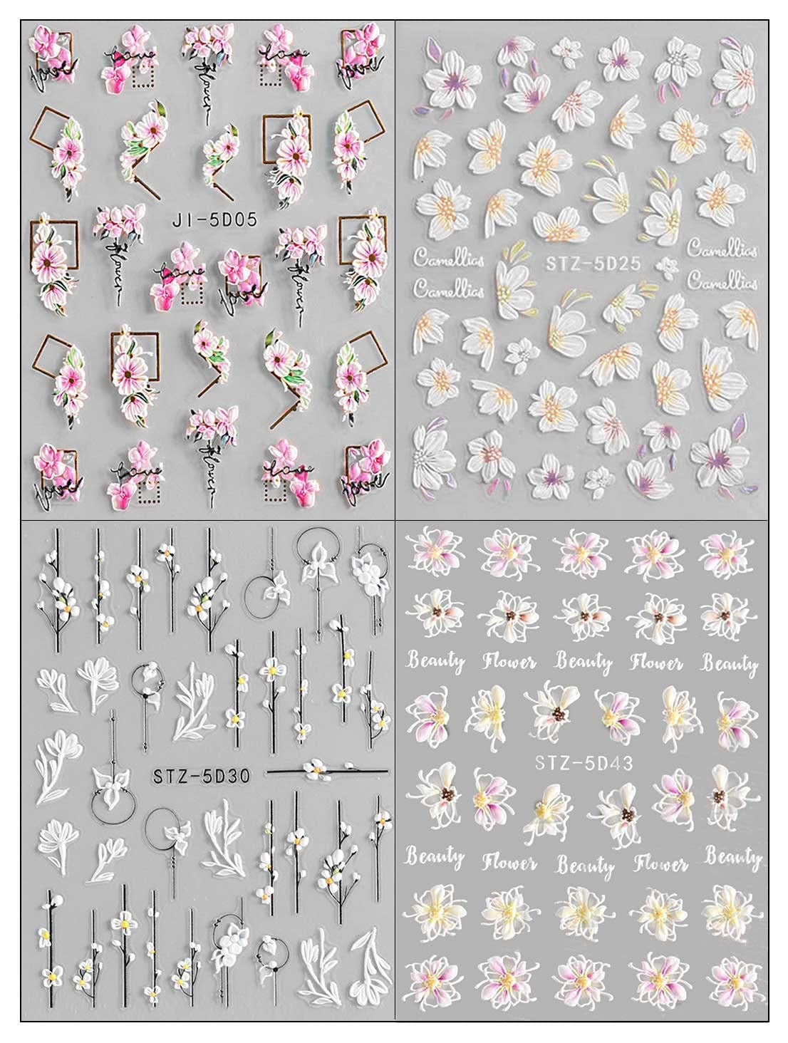 JMEOWIO 3D Nálepka na nehty Frühling Blume Nálepka na nehty Selbstklebend Nagelaufkleber 5D Stereoskopisch Blumen Dekoration Nageldesign Zubehör 4 Blatt