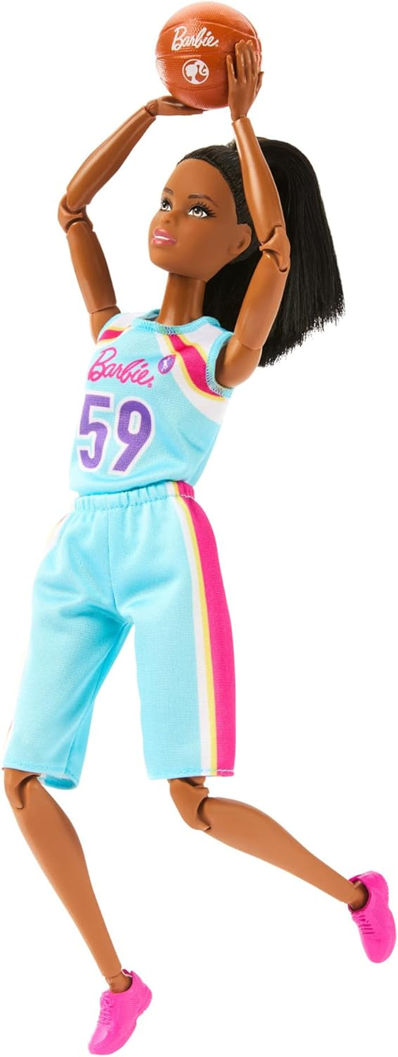 Barbie Made to Move Panenka a doplňky, bruneta basketbalistka s odnímatelnými sportovními šaty a míčem, 22 kloubů, HKT74