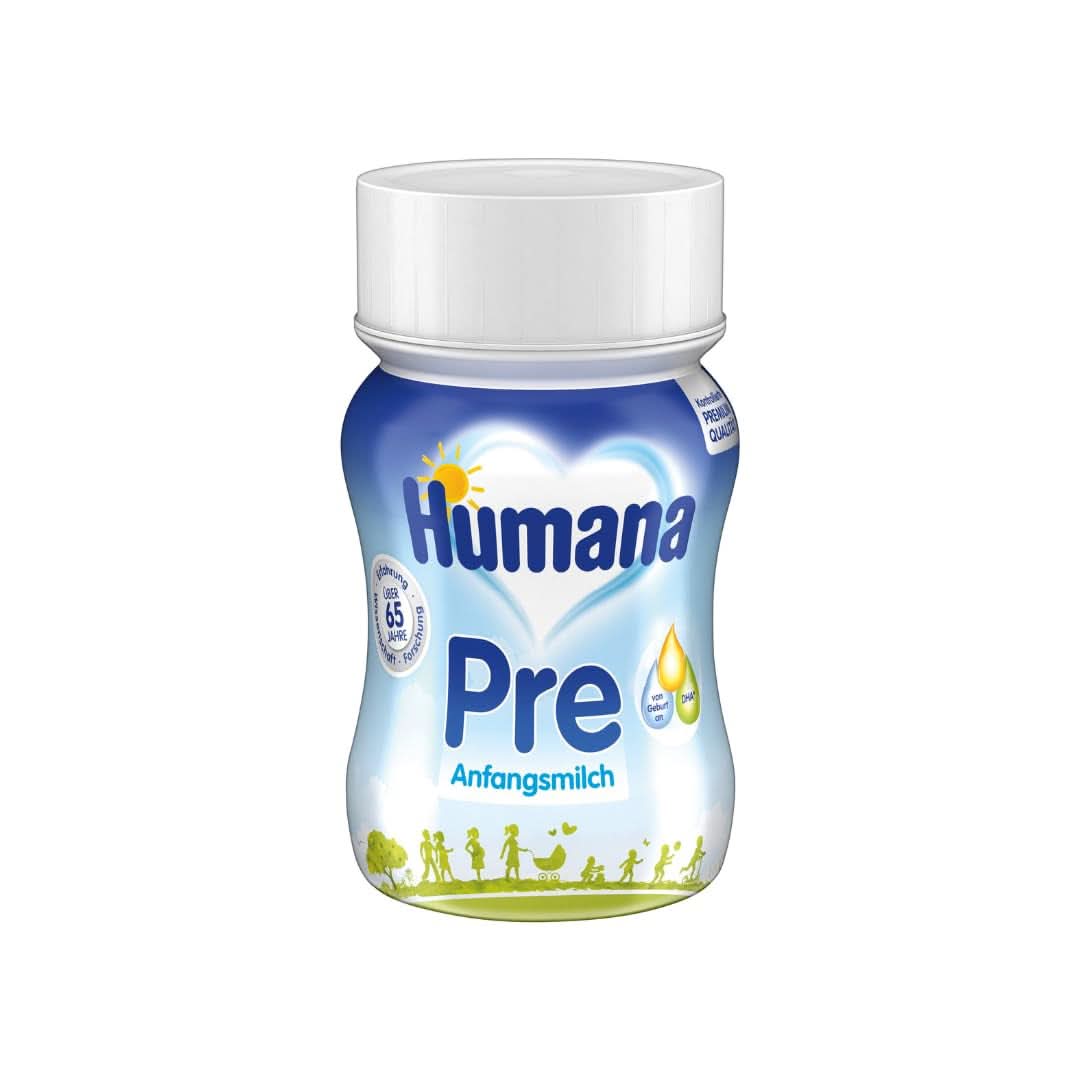 Humana Initial Milk Hotové k pití, od narození, Hotové mléko pro kojence, Kromě mateřského mléka nebo jako samostatné předkrmy, Dětská výživa pouze s DHA a laktózou, 24 x 90 ml Naty Shop Výchozí název