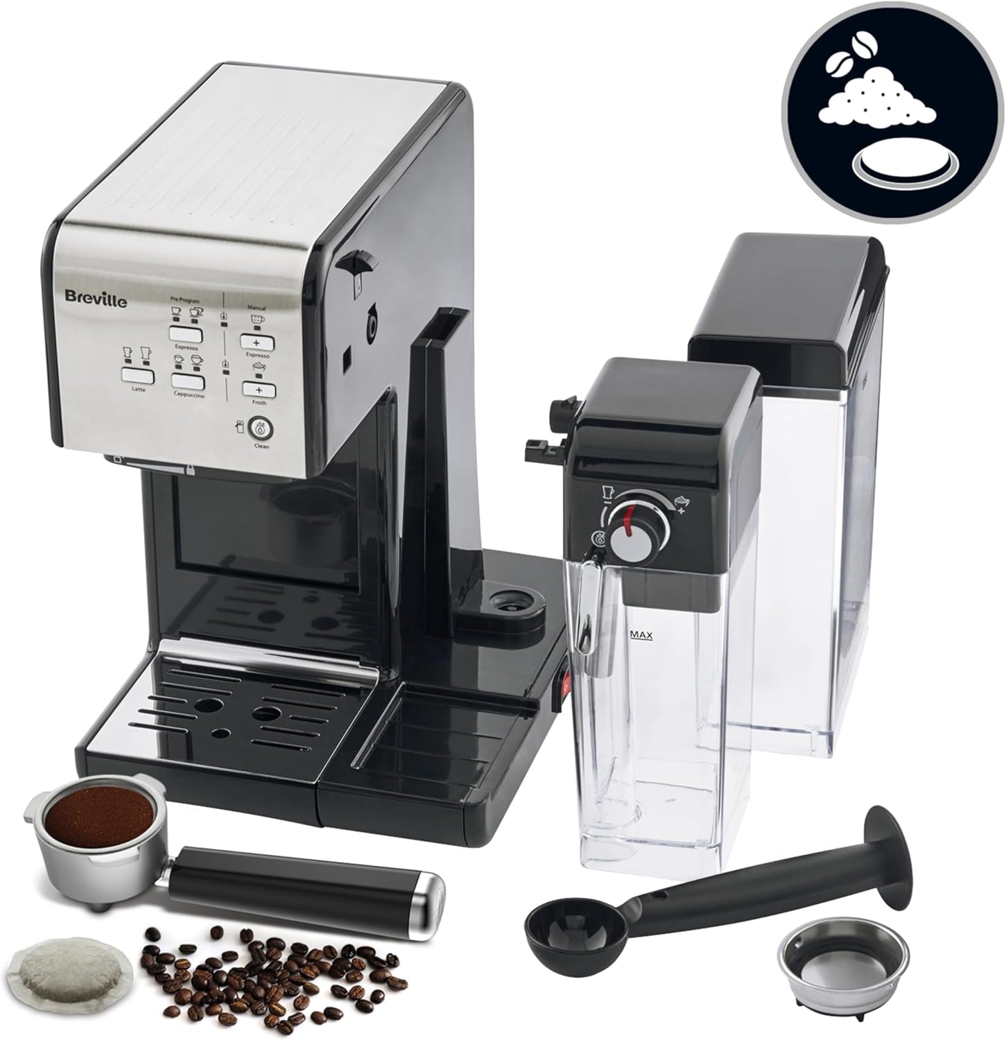 Espresso Breville Prima Latte II | Stroj na latte a cappuccino | Profesionální pumpa s 15 bary a napěňovačem mléka | Stříbro [VCF108X]