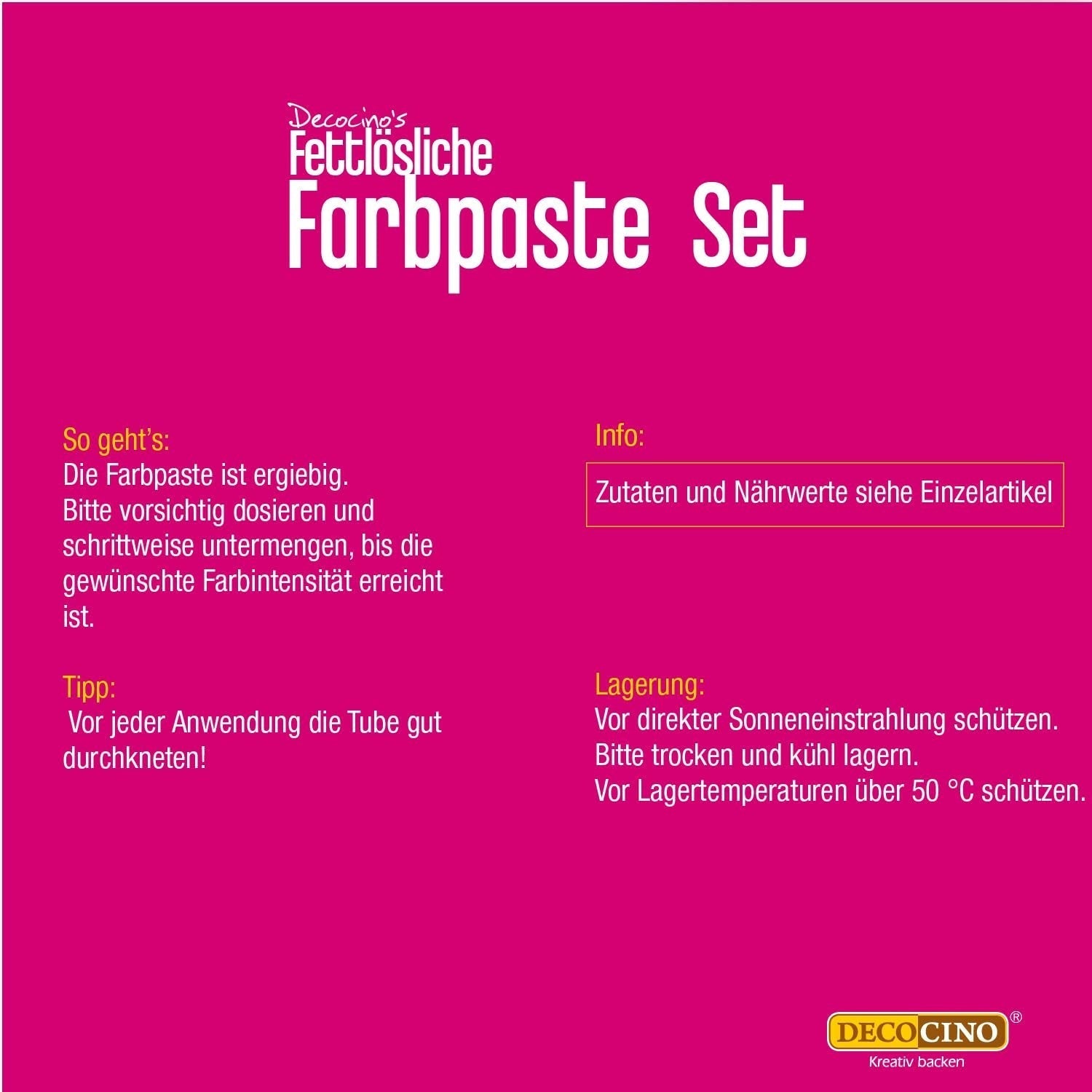 Decocino Barvicí pasta rozpustná v tucích Sada 6 - 6 x 15 g - Potravinářské barvivo červené, bílé, zelené, žluté, modré a černé, ideální pro barvení dortů, fondánu a krémů - Bez azo a lepku
