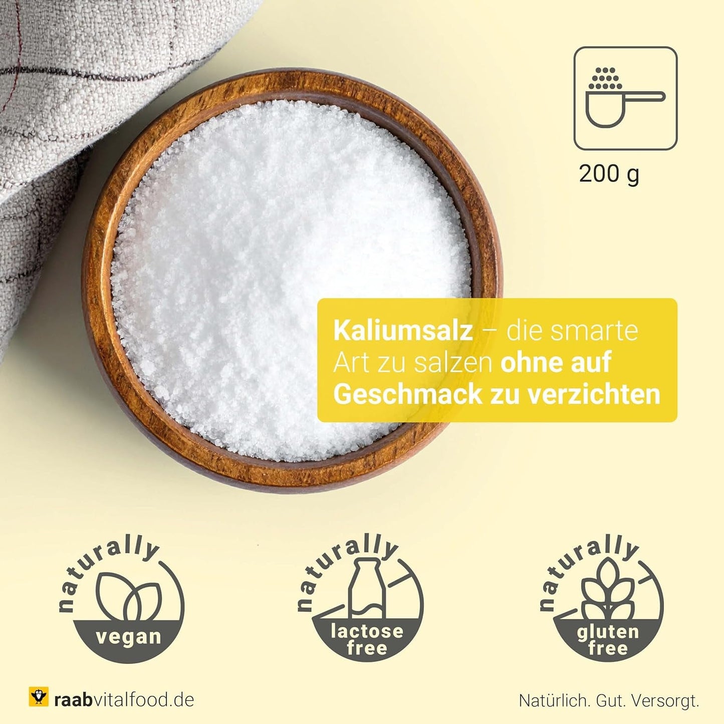 Raab Vitalfood Kalium salt-Mischung, Mineralsalzmischung mit 66,7% Natriumchlorid (Kochsalz) and 33% Kaliumchlorid, Kalium trägt zur Aufrechterhaltung eines normalen Blutdruck bei (1 x 200 g Dávka)