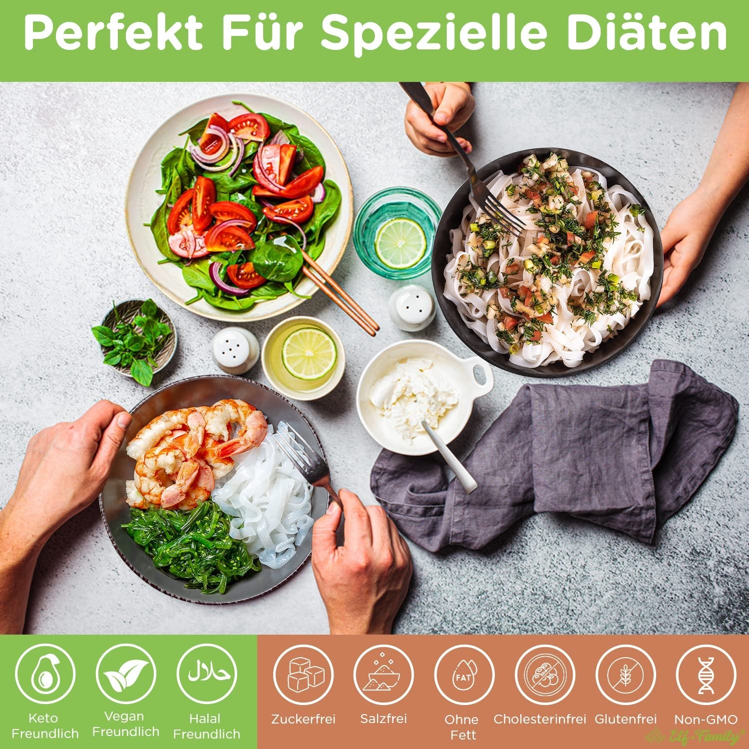 Elf-Family 6 krabiček (12 ks) Organické konjacové nudle Shirataki Ultra Low Carb Veganské Bezlepkové – 1,62 kg, Bez sacharidů/Keto/Nízkokalorické/Bez tuku/Bez cukru instantní nudle – Špagety a Fettuccine