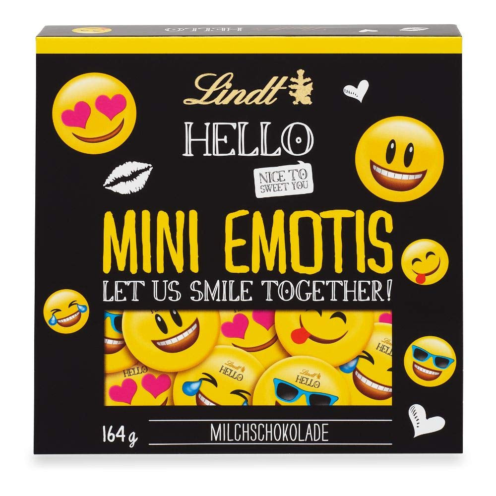 Čokoládový sortiment (37 kuliček LINDOR, 24 Hello Mini tyčinek, 10 Mini Fioretto), čokoládový dárek (1 x 815 g) a HELLO Mini Emoti, mléčná čokoláda v 5 designech emotikonů, 164 g