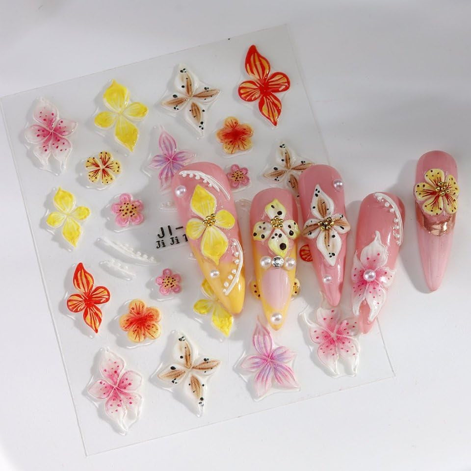 JMEOWIO 3D Nálepka na nehty Colorful Flower Nail Art Nálepka Selbstklebend Nagelaufkleber 5D Stereoskopické Jaro Léto Květinová dekorace Nageldesign Zubehör 4 Blatt