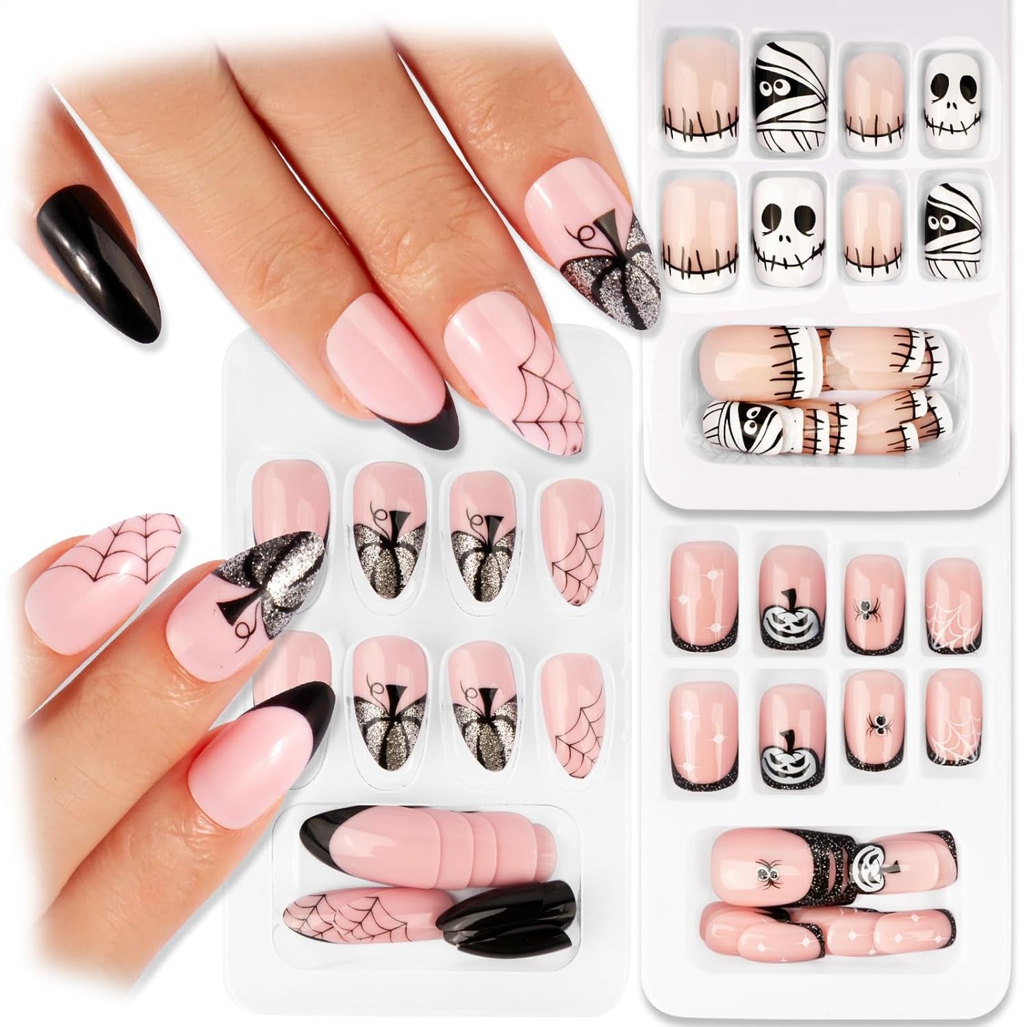 72 ks Halloweenské nehty Samolepící falešné nehty Krátké umělé nehty Samolepící lisované nehty Tipy na umělé nehty Dýňový duch Nail Art Oranžová Zelená Černá