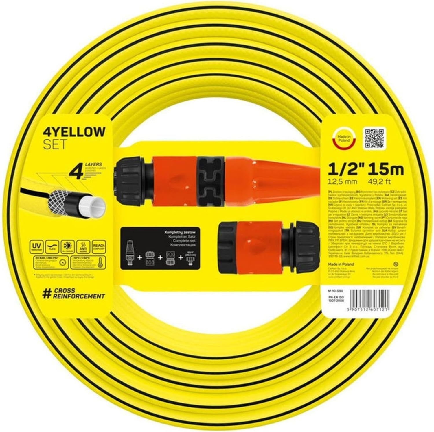 Zahradní hadice Cellfast YELLOW, lehká, odolná, 4vrstvá, s postřikovačem, odolná proti UV záření a řasám, odolná proti kroucení, technologie REACH, 20 bar, -10/+50°C, 1/2" uzávěr, 15m