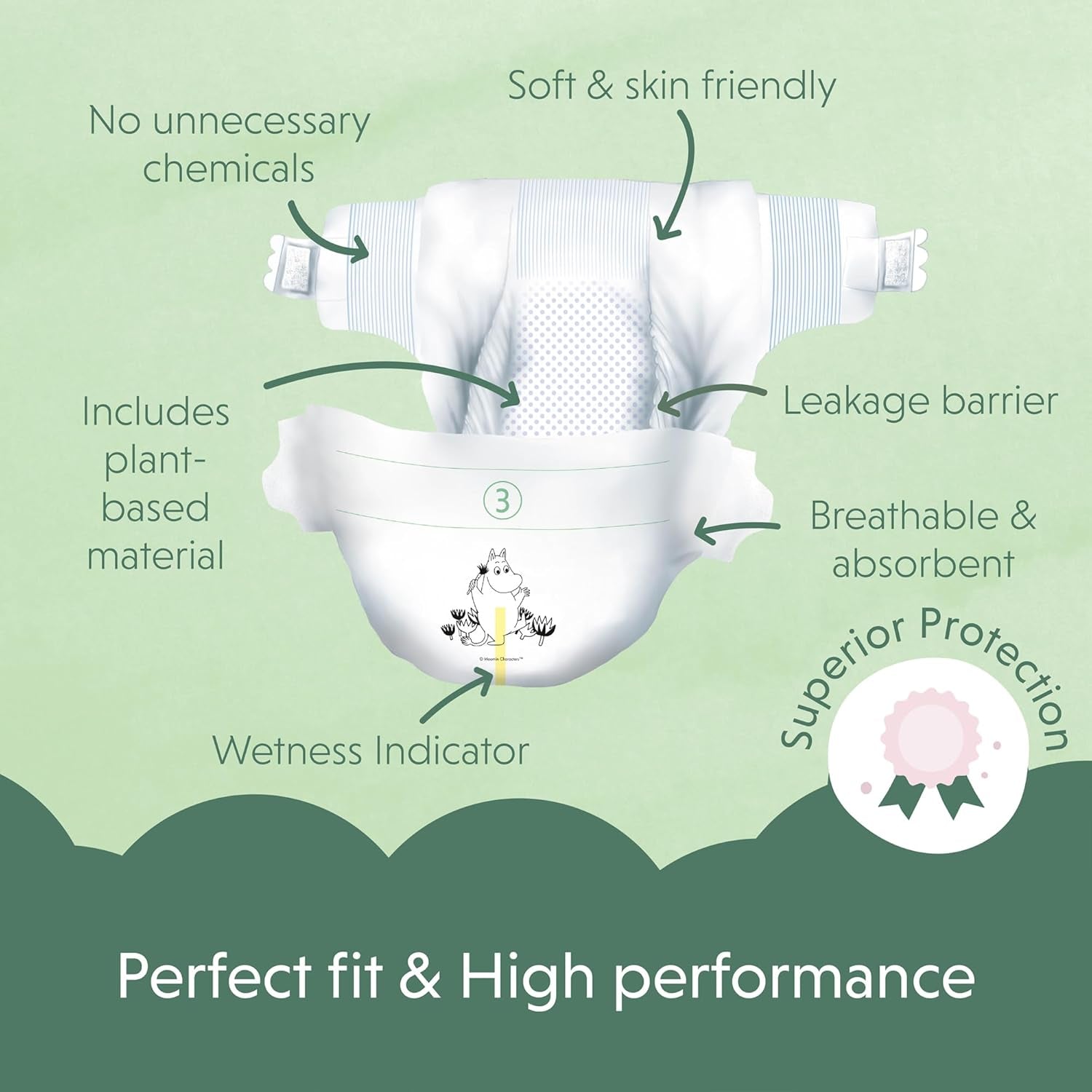 Moomin Dětské eko plenky, velikost 3, 5-8kg, 48 kusů, Premium měkké plenky | Měkký a šetrný k pokožce, prodyšný, savý, bez zbytečných chemikálií |
