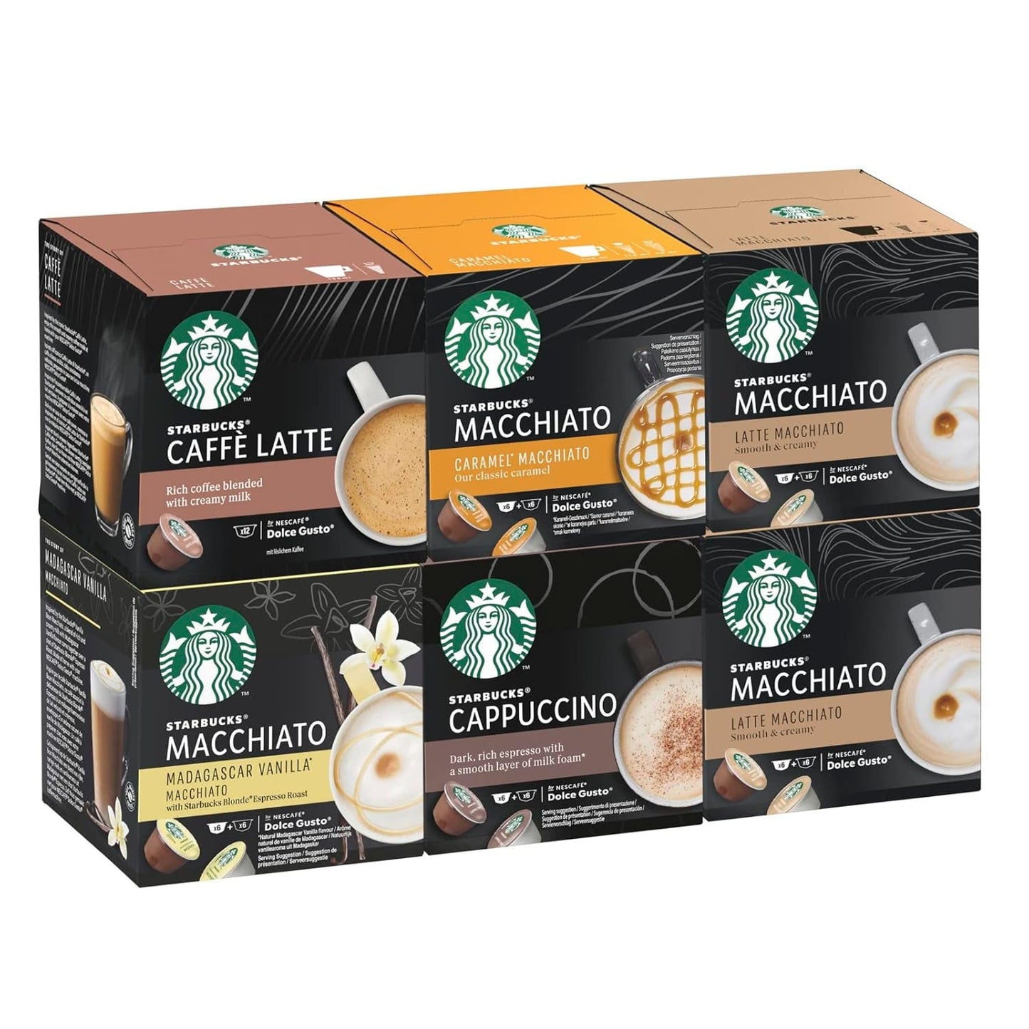 STARBUCKS Probierset, White Cup Variety Pack od Nescafé Dolce Gusto Kaffeekapseln & Vanilla Macchiato od Nescafé Dolce Gusto Kaffeekapseln 6 x 12 (72 kapslí, 36 porcí)