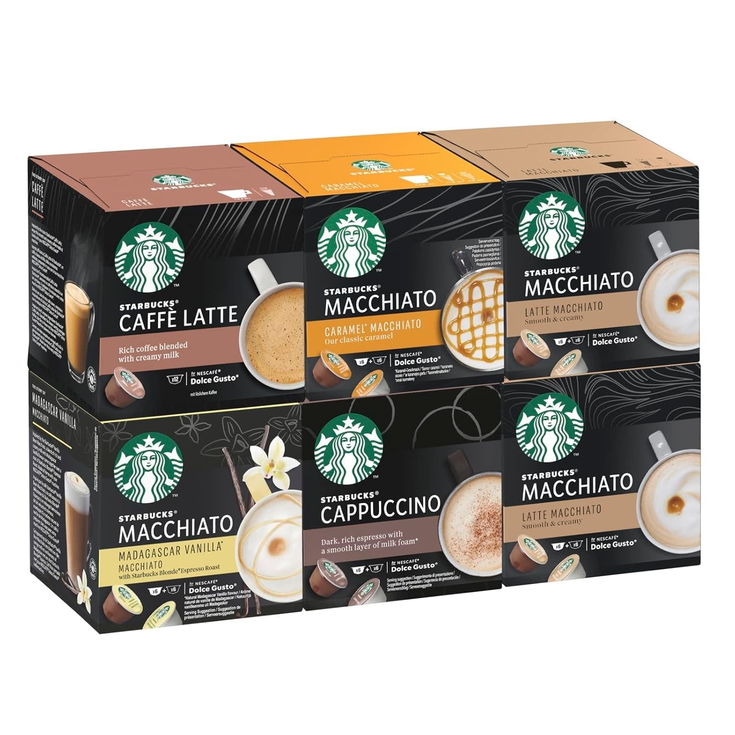 STARBUCKS Probierset, White Cup Variety Pack od Nescafé Dolce Gusto Kaffeekapseln & Vanilla Macchiato od Nescafé Dolce Gusto Kaffeekapseln 6 x 12 (72 kapslí, 36 porcí)