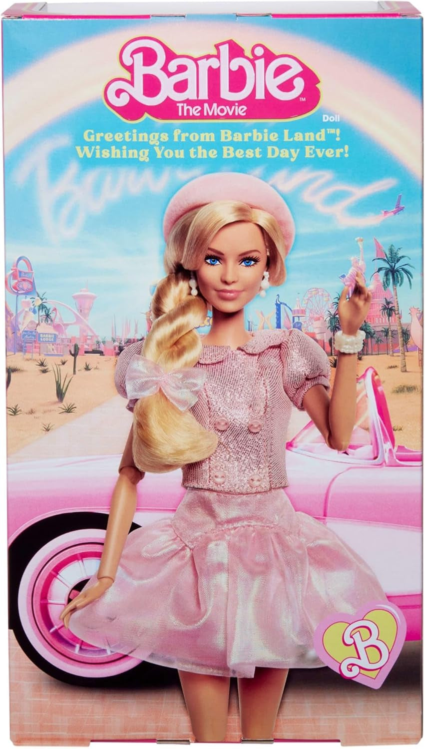 Barbie Film podle filmu Margot Robbie jako sběratelská figurka Barbie v růžové halence a tylové sukni se stylizovaným účesem a ladícími šperky JBJ53