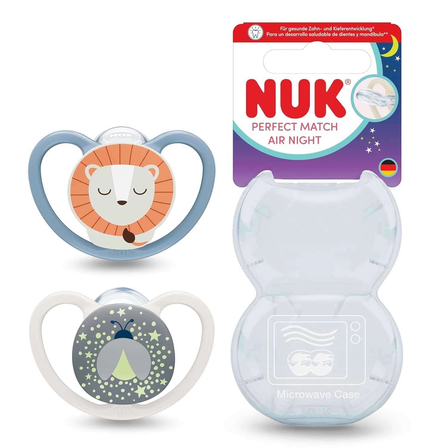 Noční dudlíky NUK Perfect Match Air pro miminka | 0-6 měsíců | Dudlíky svítící ve tmě, které podporují cirkulaci vzduchu a zabraňují slintání | 95% přijetí miminky** | Lev | Balení 2