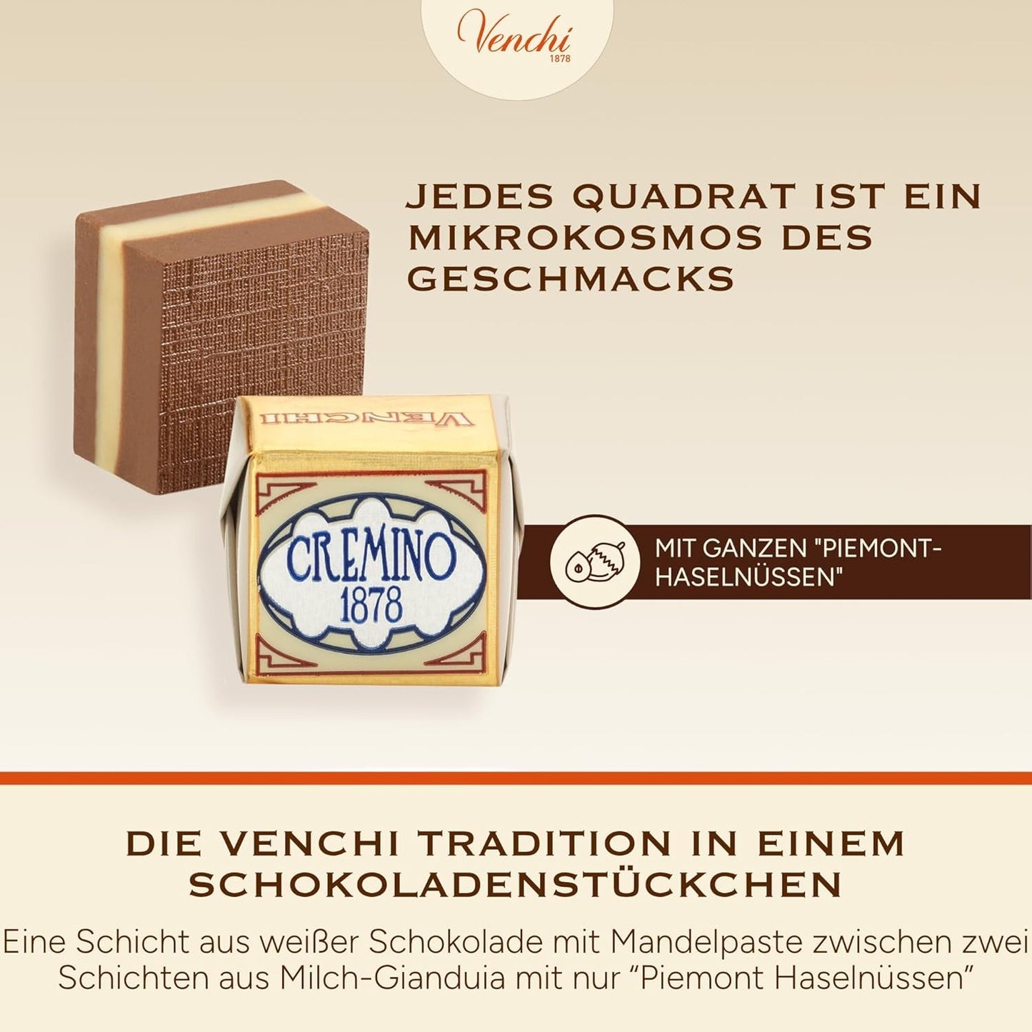 Venchi - Cremini 1878 - Třívrstvá čokoláda s gianduja s mléčnou a mandlovou pastou, "Piemontese Hazelnuts CHZO", 1 kg, bez lepku, bez barviv a bez konzervantů