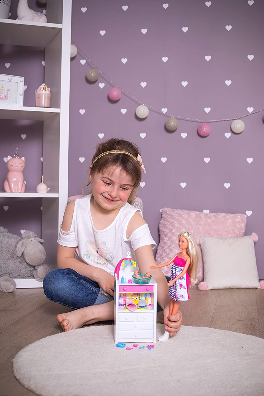 Simba 105733333 - Dvojčata Steffi Love Welcome, těhotná panenka s dvojčaty, přebalovací pult a vanička, doplňky, módní panenka, 29 cm, pro děti od 3 let