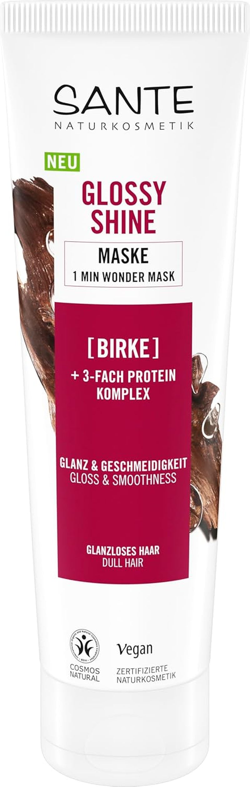 SANTE Naturkosmetik Glossy Shine Mask organický extrakt z březových listů + 3x proteinový komplex, bez silikonů a hydratační maska na vlasy, veganská péče o vlasy pro větší lesk a poddajnost, 150 ml Maska na vlasy Naty Shop Novinka