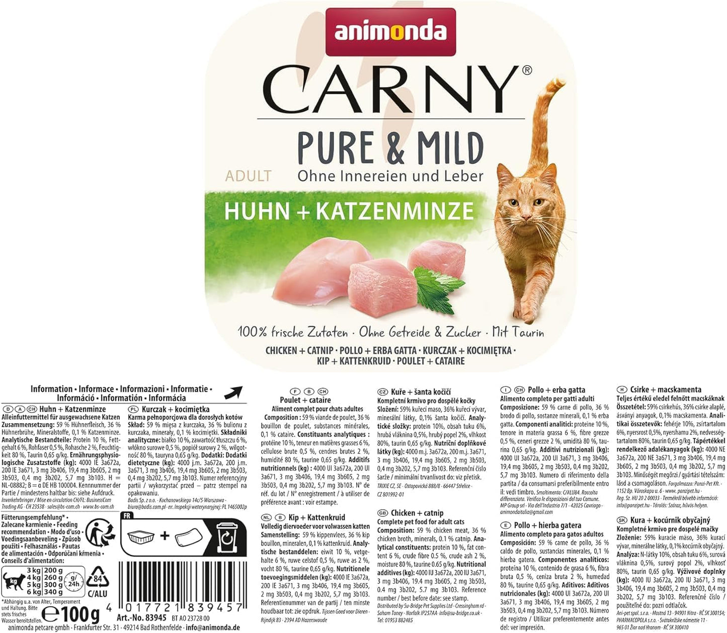Adult Pure & Mild vlhké krmivo pro kočky s kuřecím masem a kočičím nipem (32 x 100 g), pro citlivé kočky, bez obilovin a cukru, lehce stravitelné vlhké krmivo s kuřecím masem